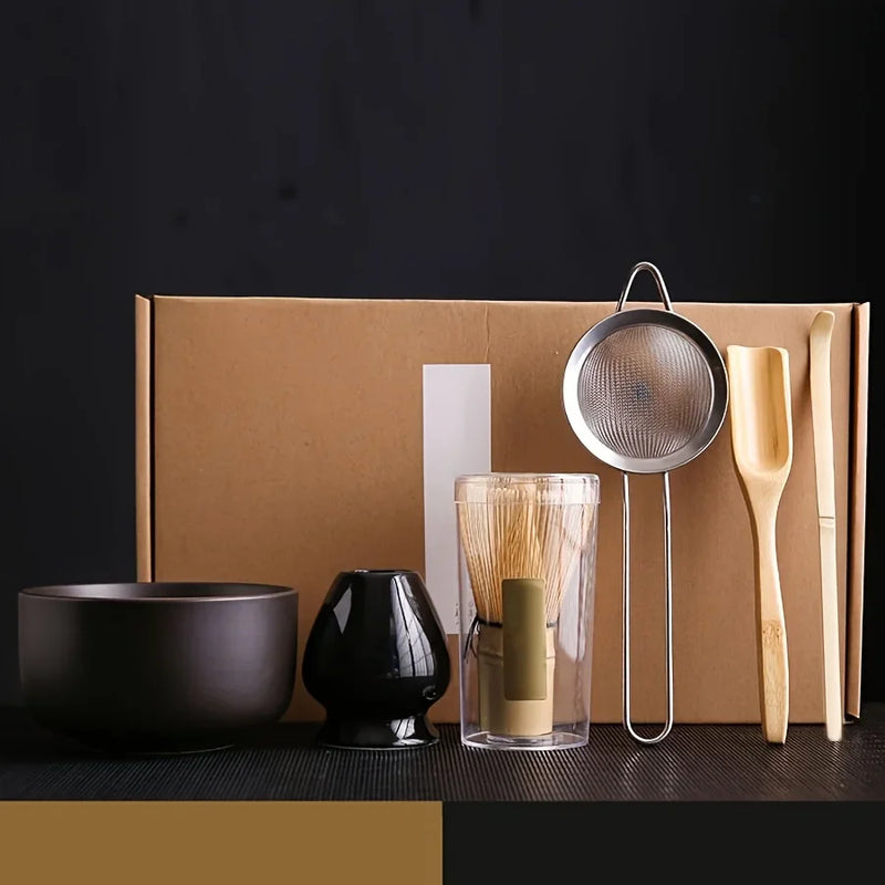 Japán Matcha tea készlet - 6 darabos készlet tállal, kanállal, habverővel és szűrővel