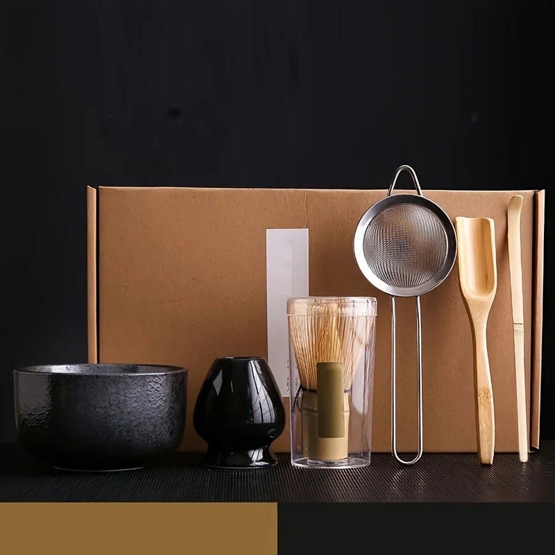 Japán Matcha tea készlet - 6 darabos készlet tállal, kanállal, habverővel és szűrővel