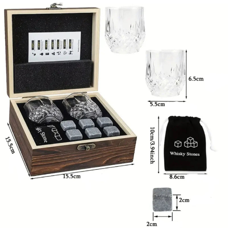 Elegáns whisky szett - pohár és hűtőkockák fadobozban