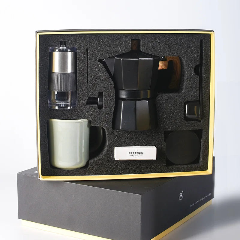 MokaPremium™ Tradicionális kávéskészlet - mokáskanna és kézi őrlő kávébabokhoz