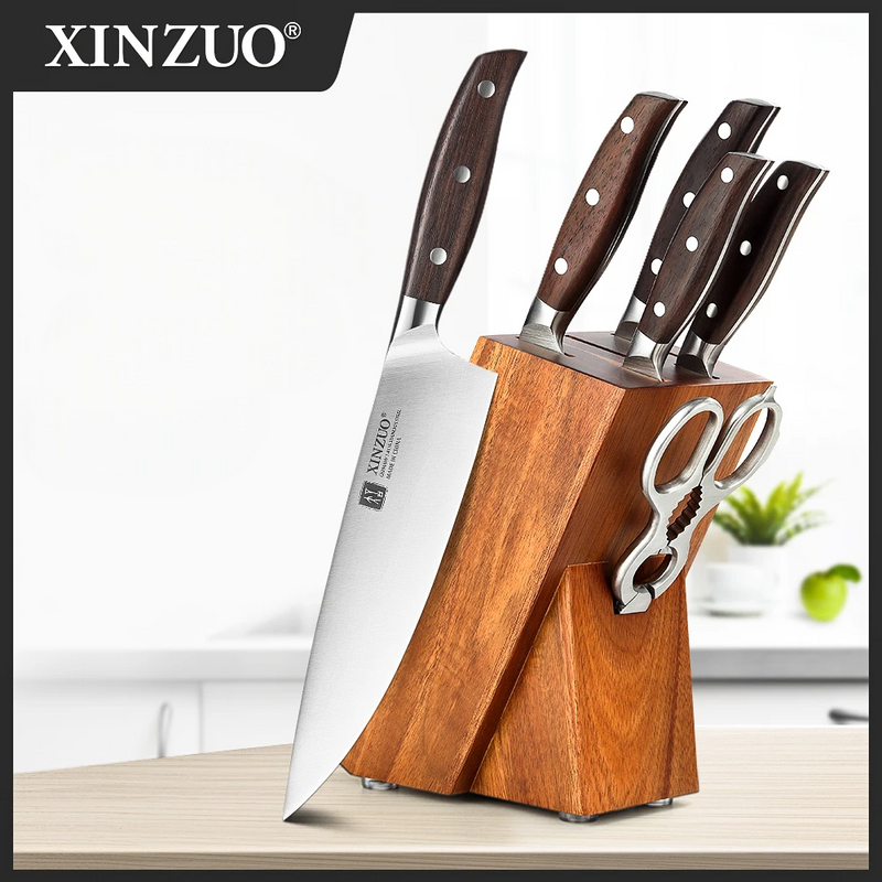 XINZUO - Német acél konyhakés készlet - 7 darabos készlet fa késállvánnyal
