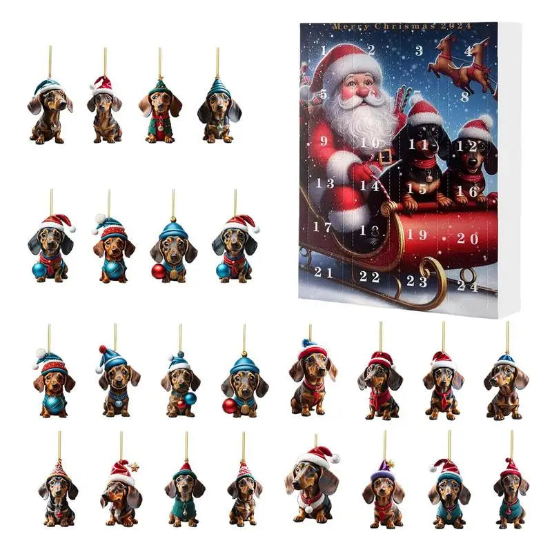 Adventi naptár karácsonyfadíszekkel - tacskó kutya